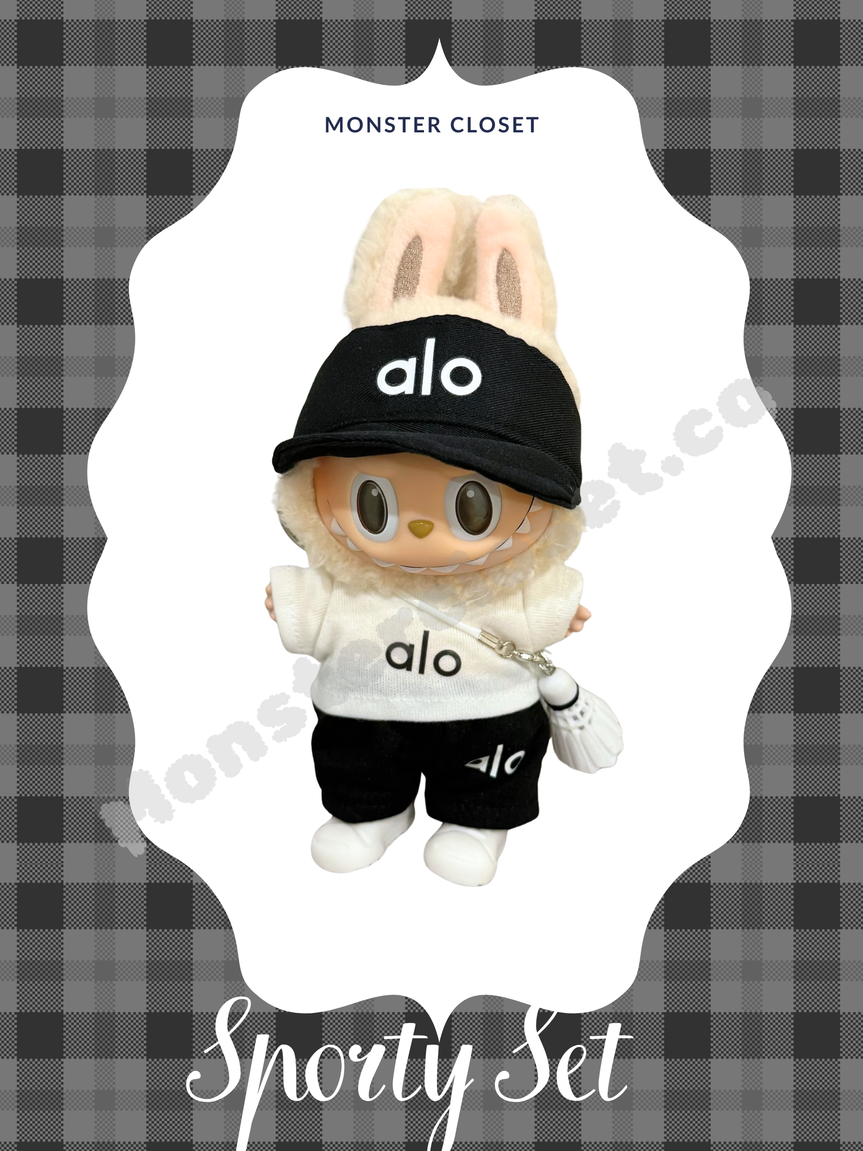 Monster Closet Labubu outfit wearing a black cap and outfit with 'alo' branding on a checkered background. a37-1