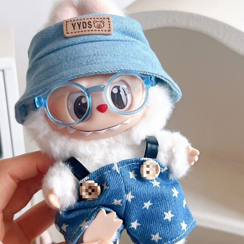 Monster Closet handmade outfit for Labubu — blue denim overalls with star print, blue glasses, and YYDS bucket hat, styled for 15-17cm dolls.