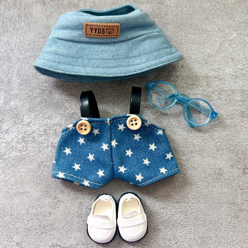 Monster Closet handmade outfit for Labubu — blue denim overalls with star print, blue glasses, and YYDS bucket hat, styled for 15-17cm dolls.