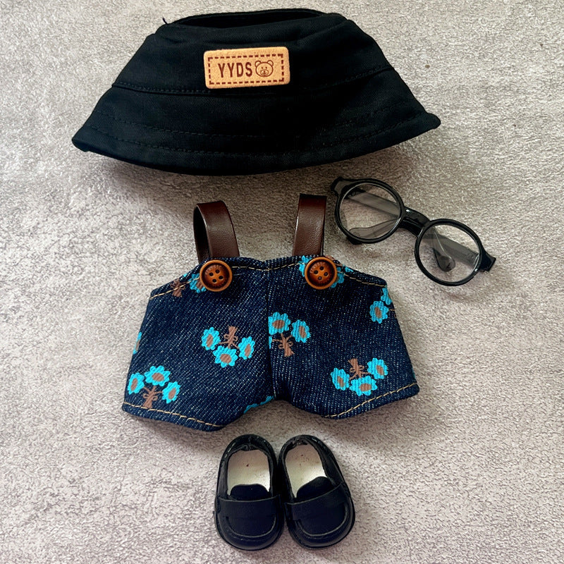 Monster Closet handmade outfit for Labubu — Black denim overalls with star print, blue glasses, and YYDS bucket hat, styled for 15-17cm dolls.