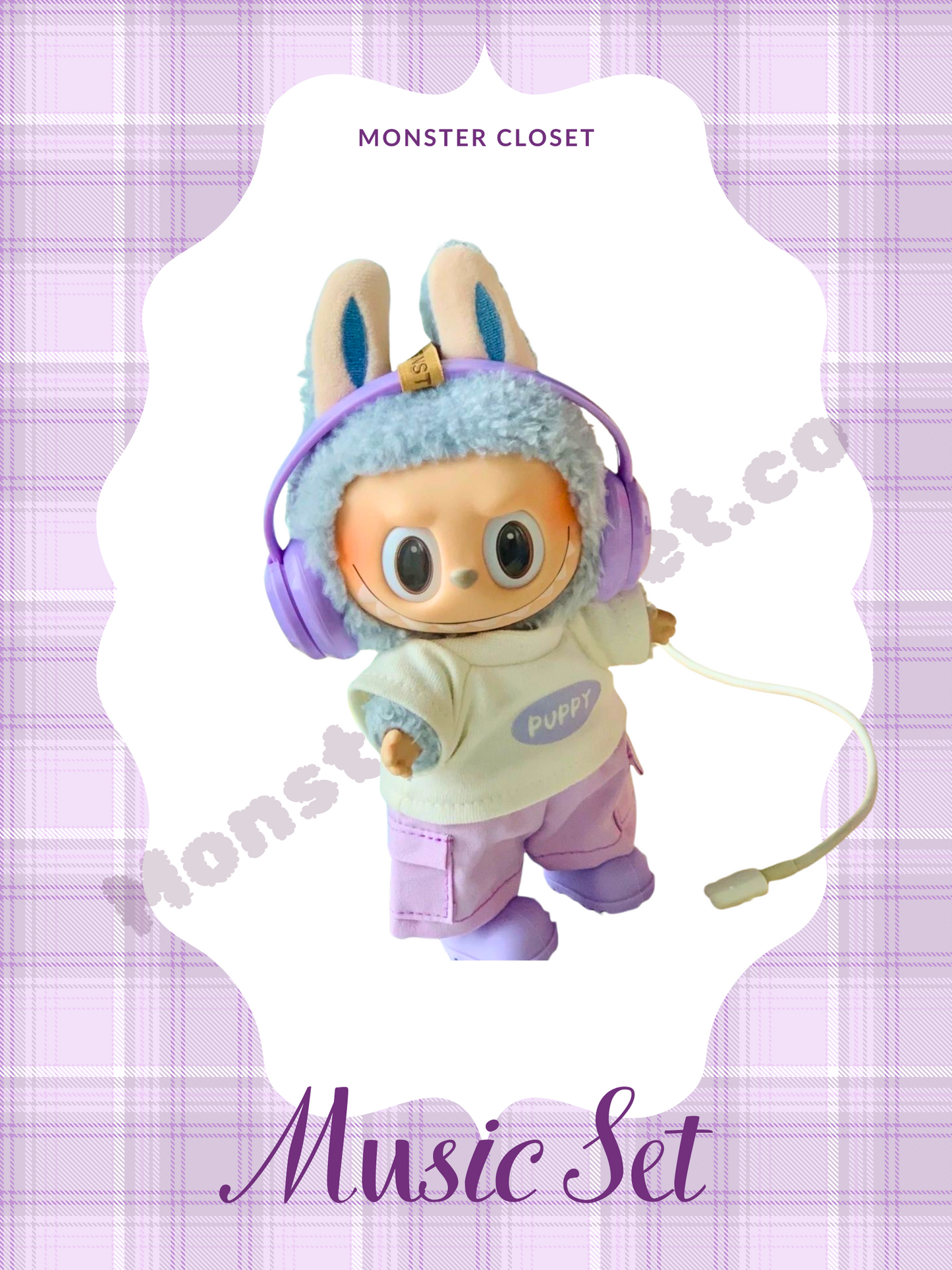 Monster Closet Labubu Clothes; purple headphones outfit 