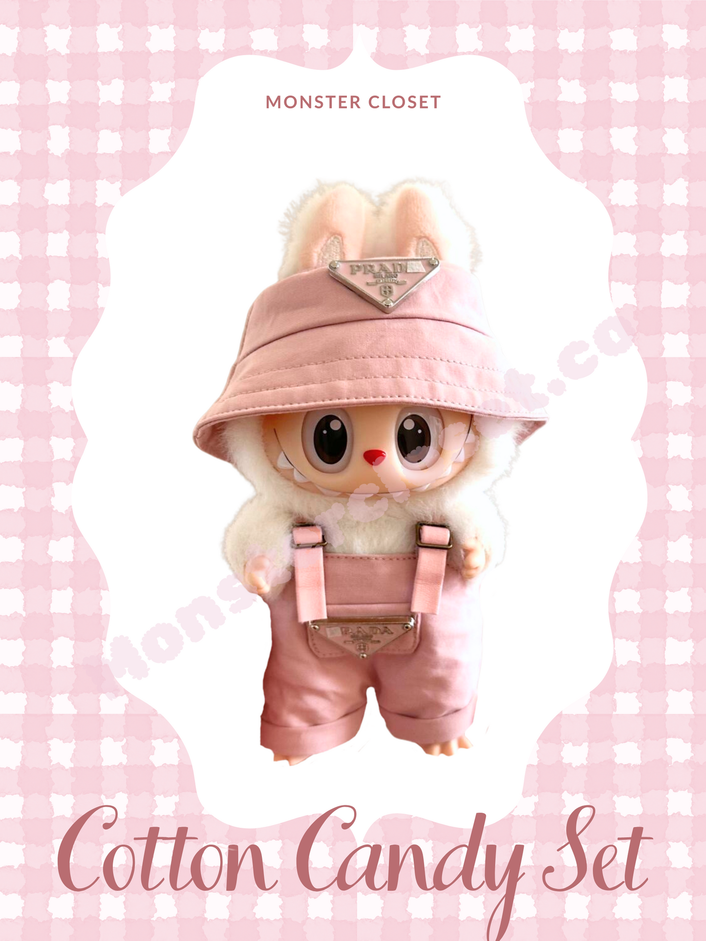 Cute Labubu doll wearing pink Prada-inspired bucket hat and bunny hood overalls – Cotton Candy Set handmade by Monster Closet, custom fashion doll outfit for collectors