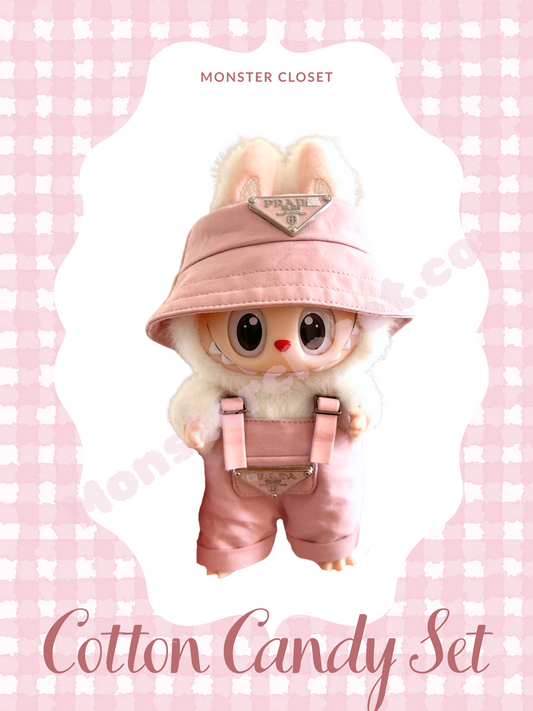 Cute Labubu doll wearing pink Prada-inspired bucket hat and bunny hood overalls – Cotton Candy Set handmade by Monster Closet, custom fashion doll outfit for collectors