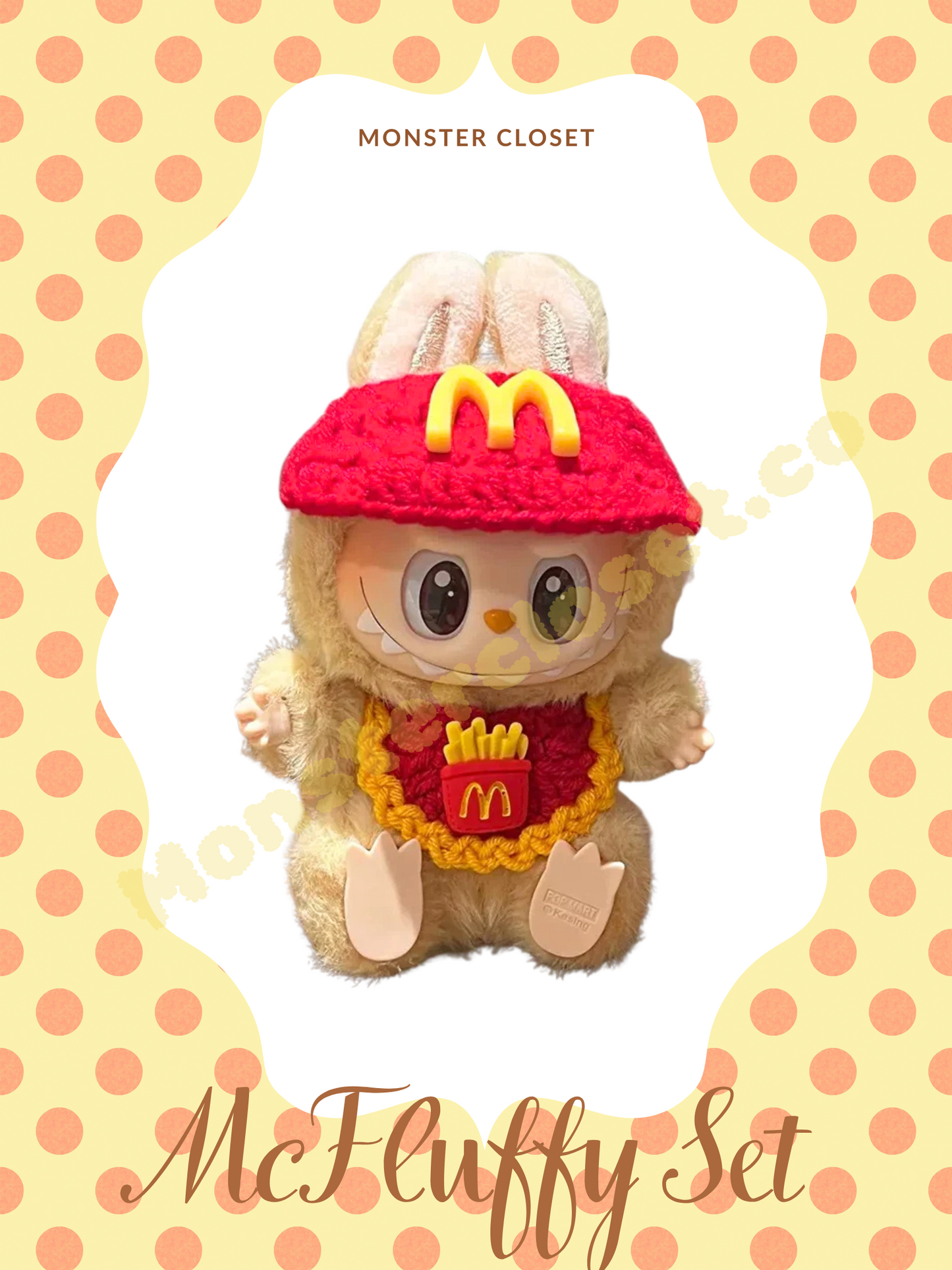 Monster Closet Labubu Outfit with a red hat and yellow 'M' on a polka dot background, labeled 'Monster Closet McFluffy Set'.
