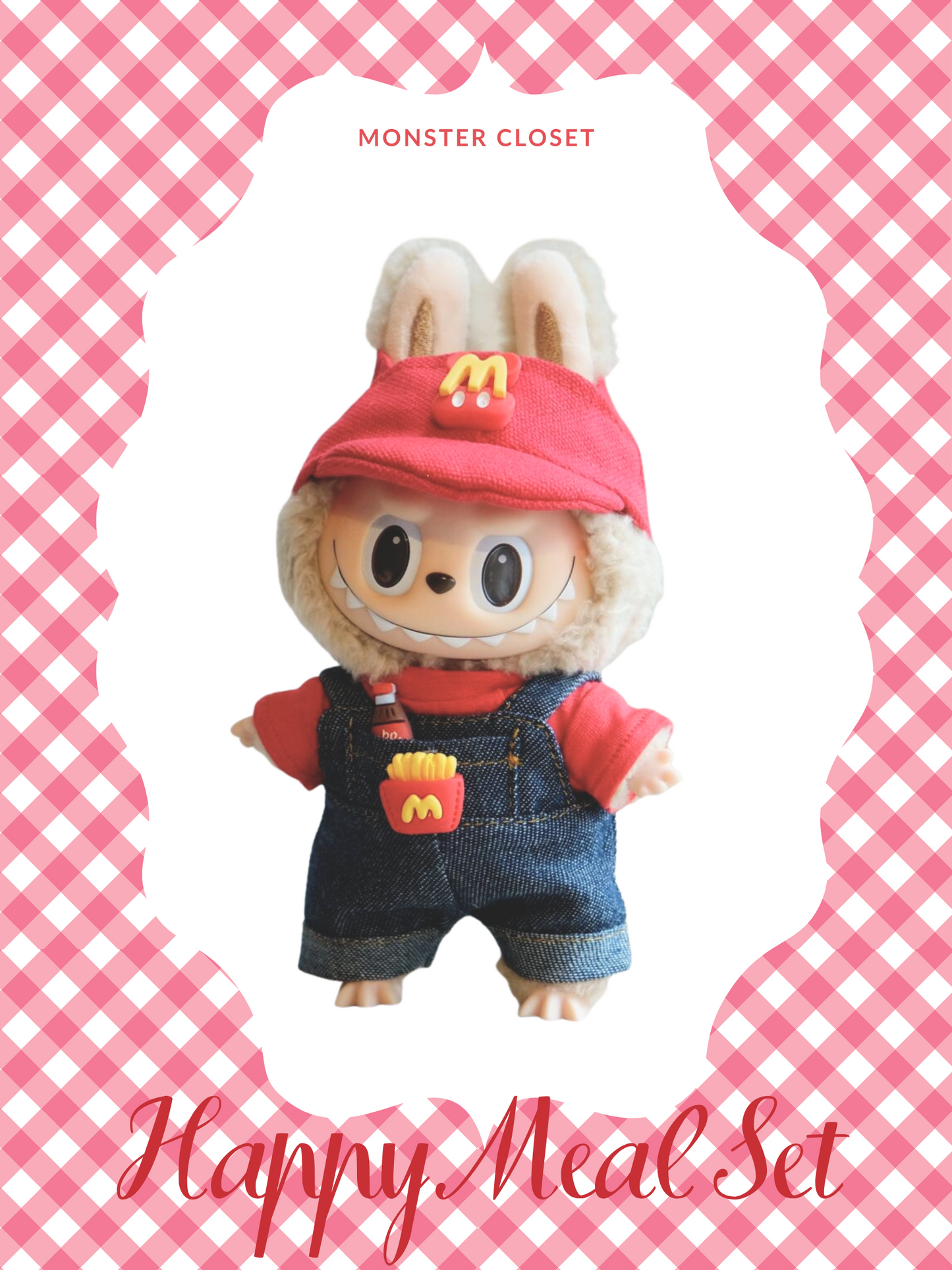 Monster Closet Labubu with McDonald's-themed outfit on a pink checkered background