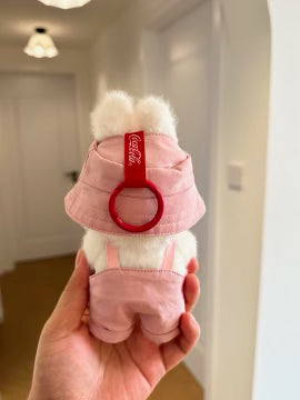 Cute Labubu doll wearing pink Prada-inspired bucket hat and bunny hood overalls – Cotton Candy Set handmade by Monster Closet, custom fashion doll outfit for collectors