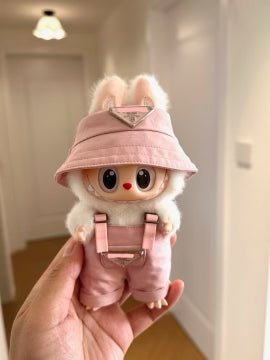 Cute Labubu doll wearing pink Prada-inspired bucket hat and bunny hood overalls – Cotton Candy Set handmade by Monster Closet, custom fashion doll outfit for collectors