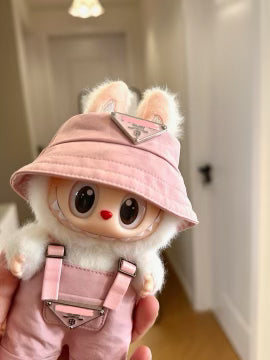 Cute Labubu doll wearing pink Prada-inspired bucket hat and bunny hood overalls – Cotton Candy Set handmade by Monster Closet, custom fashion doll outfit for collectors