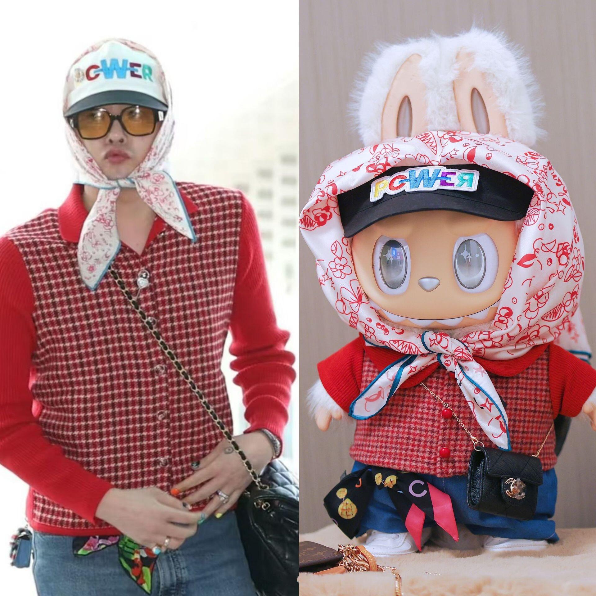 Monster Closet Labubu cloth inspired by G-Dragon, consist with a red checkered shirt, blue pants, and a white hood with red patterns