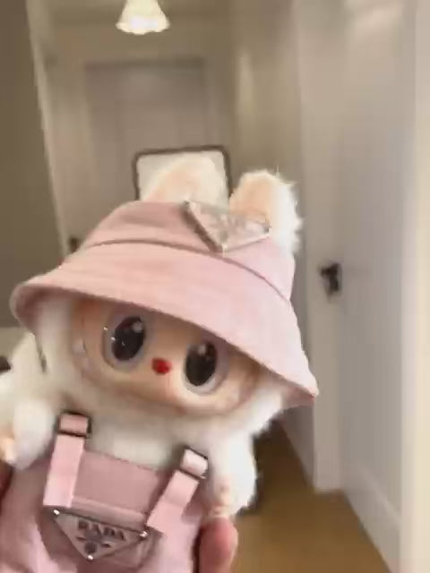 Cute Labubu doll wearing pink Prada-inspired bucket hat and bunny hood overalls – Cotton Candy Set handmade by Monster Closet, custom fashion doll outfit for collectors
